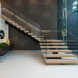 Projet de villa, escalier en bois et en acier, détails, escaliers intérieurs avec plateforme - Product Image 1
