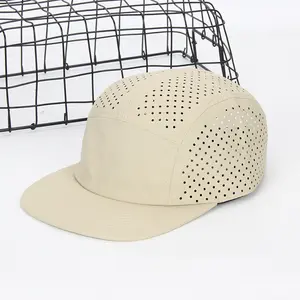 Custom Polyester/Nylon Waterproof Perforated Running Hats Triangular Laser Cut Hole Mesh Sports Caps Tech 5 Panel Camp Cap Gorra