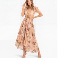 Nouvelle Robe Longue Bohème Chic en Mousseline Imprimée Florale Tissée pour Femme, Col en V, Sans Manches, Taille Découpée, Idéale pour l'Été et les Fêtes sur la Plage – Collection 2026