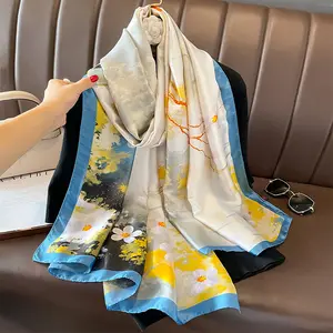 2023 new design ladies elegant flower printed silk scarf shawl women fancy floral pattern silk 180*90cm head wrap Muslim hijabs