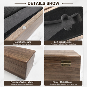 Caja de Presentación Rectangular Premium Hecha a Mano para Almacenamiento de Vino, Caja de Regalo de Madera de <span class=keywords><strong>Nogal</strong></span> Negro Personalizada para una Sola Botella, Forrada de Terciopelo y EVA - Product Image 4