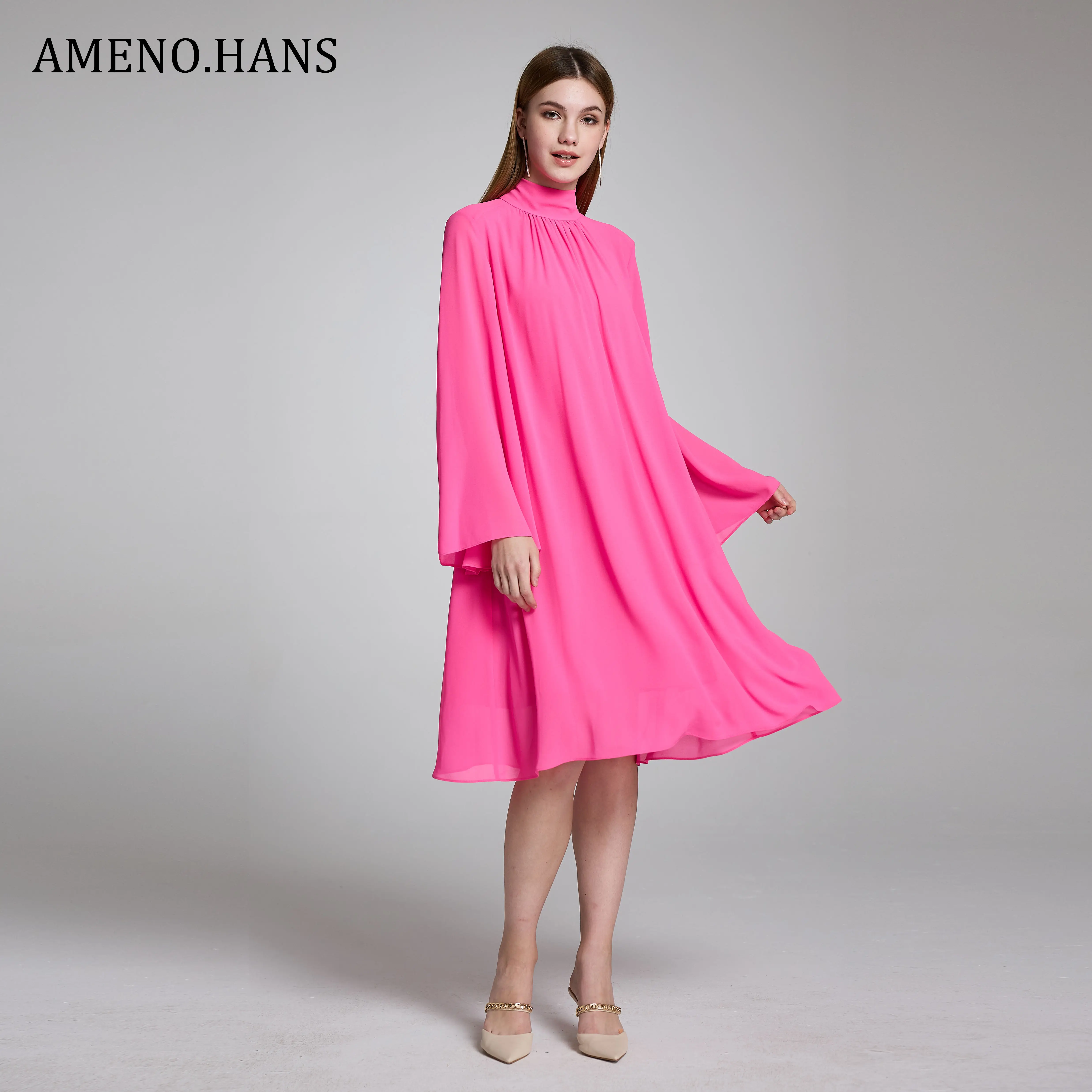 Oem Custom New Fashion Casual Summer O Neck Long Flare Sleeves Solid Chiffon Short Dress For Women