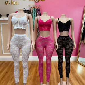 Кружевной жаккардовый сексуальный комплект из 2 предметов: тонкий топ-бюстье с широким поясом и леггинсы, эластичный повседневный сексуальный комплект для женщин - Product Image 1