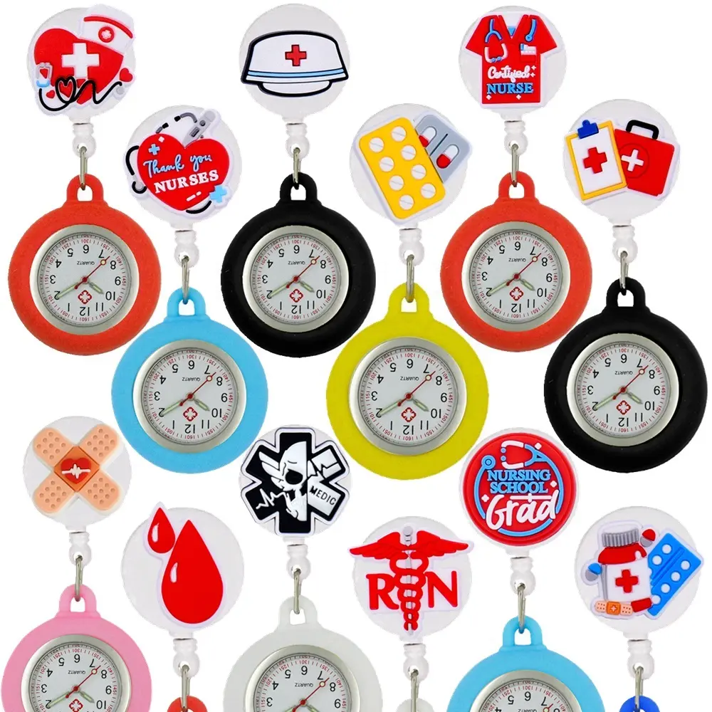 Relógio de bolso FOB para enfermeira retrátil, relógio de bolso com clipe de carimbo de médico e ícones médicos criativos, presente para cuidados de enfermagem hospitalar