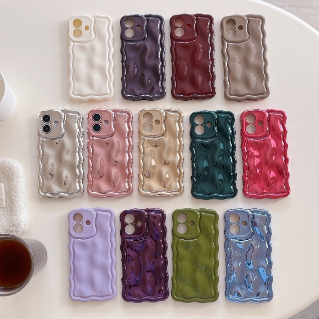 3D Glossy Wave Pure Color Wrinkle Meteorite Texture Case for iPhone 16 Pro Max 15 14 13 12 Pro Max Plating Cover