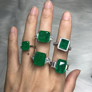 女性925スターリングシルバー結婚指輪セットジュエリーレディーススクエアグリーンエメラルドストーンエンゲージリング - Product Image 2