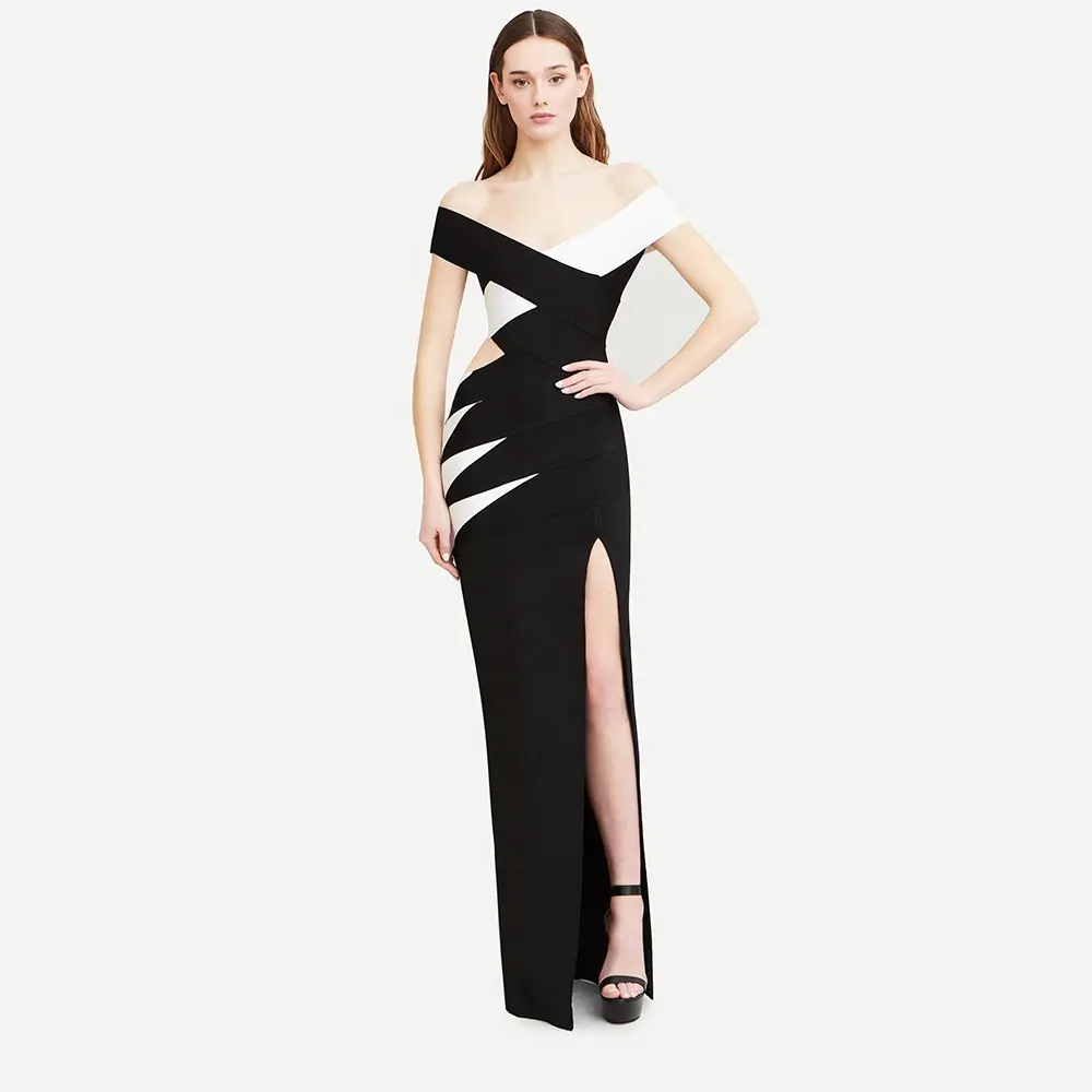 Haute qualité femmes Sexy noir et blanc épissure creux serré longue robe de pansement élégant anniversaire soirée célébrité robe de soirée