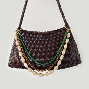 Factory Wholesale Retro Three Strands Beaded <b>Bag</b> Chain Green Jade Wood Bead Pearl <b>Charm</b> Luxury Handbag Hanging Ornament Stock - Product Image 2