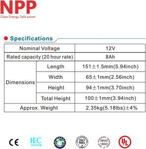 가정용 경보 보안 시스템 용 미국 창고 NPP 12V-8Ah F1 12V 8Ah 충전식 밀봉 납산 배터리 - Product Image 4