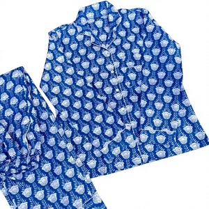 Blue floral printed cotton night <b>suit</b> set with button shirt <b>pajama</b> pocket detail soft comfortable lounge wear sleepwear casual - Product Image 1