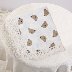 Nouveau-né couverture coton imprimé ours infantile gaze couverture emmailloter couverture doux bébé gland - Product Image 2