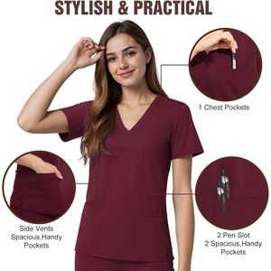 Women V-Neck <b>Scrub</b> <b>Top</b> 4 Pocket Premium Stretch Medical Workwear Hospital Uniforms - Product Image 3