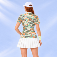 Kemeja Golf Retro Wanita Warna Krem dengan Cetakan Pemandangan Golf Tropis Lengan Pendek Slim Fit Cepat Kering untuk Golf dan Liburan di Resort