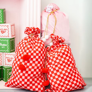 Grand sac cadeau rouge à monogramme et <span class=keywords><strong>pompon</strong></span>, motif écossais doré, avec cordon de serrage, pour enfants, sacs du Père Noël, sacs à bonbons du Père Noël vierges - Product Image 2