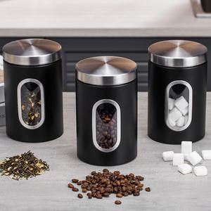Wholesale Modern <b>Set</b> of 3 Piece Black Metal Sealed Food Storage With Window Kitchen <b>Coffee</b> Beans <b>Tea</b> <b>Sugar</b> Canisters Container - Product Image 1
