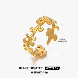 Anillo de acero inoxidable chapado en oro de 18K Anillo de dedo de hoja ajustable con apertura personalizada