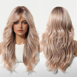 Peluca de Cabello Largo Realista de 22 Pulgadas, Color Rubio <span class=keywords><strong>con</strong></span> Flequillo Rojo Marrón, Fibra Resistente al Calor, Gorro Transpirable <span class=keywords><strong>con</strong></span> Red de Rosas, Foto Real - Product Image 1