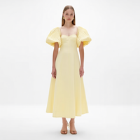 Nouvelle Robe Midi Femme Jaune Pâle à Col Carré, Bustier Ajusté, Manches Bouffantes Froncées, Coupe Évasée, Personnalisable, Vente en Gros