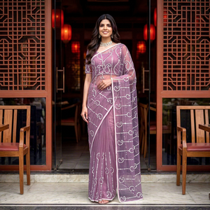 Sari en tulle brodé violet pour femme, élégant, pour fêtes et mariages, longueur au sol, toutes saisons, Gujarat - Product Image 1