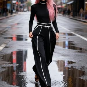 ชุดเซ็ตแฟชั่น 2 ชิ้น เสื้อถักแขนยาวคอตั้งแต่งขอบตัดสีช่วงเอวทรงสวยสำหรับผู้หญิง พร้อมกางเกงขายาวทรงกว้าง สไตล์ฤดูใบไม้ร่วง - Product Image 3