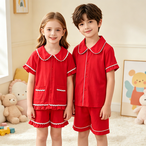Pigiama Estivo in Cotone per Bambini e Bambine, Set Rosso con Maglietta a Maniche Corte e <span class=keywords><strong>Pantaloncini</strong></span>, Morbido e Traspirante, Set da Notte 2 Pezzi - Product Image 1