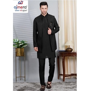 Men Embossed Cotton Kurta Traditional <b>Ankle</b> <b>Length</b> Regular Fit Ethnic Wear Long Sleeve Button Style Daily Festive Outfit - Product Image 1