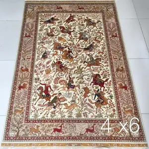4x6 Royal King Hunting Design Rug Handmade Oriental Persian Silk Hanging Tapestry Rugs with Riding Shooting Style for Study Room