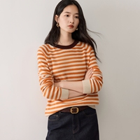 Haut tricoté haut de gamme à rayures orange et col rond pour femme, idéal pour le début de l'automne, coupe amincissante, vente en gros