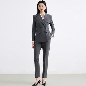 Women's Suit Set Double Breasted Navy Blue Polyester Anti-Wrinkle Office Lady Spring Formal Business Wear Full Sleeve - Product Image 3