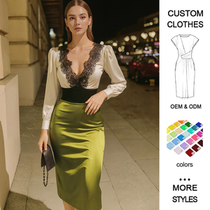 <span class=keywords><strong>Vestido</strong></span> <span class=keywords><strong>Midi</strong></span> de Satén Tejido con Cuello en V, Estilo Vintage, Cómodo para Mujer, con Cintura Natural, para Primavera, Verano y Otoño - Product Image 1