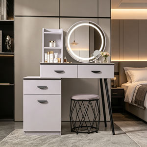 Modern <b>Makeup</b> <b>Vanity</b> With Lighted <b>Mirror</b> Storage Drawers Bedroom Dressing Table With Stool - Product Image 4