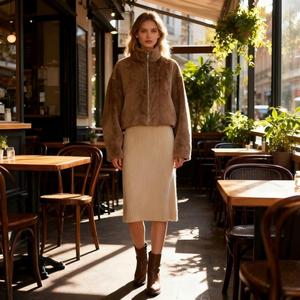 Manteau ample en <span class=keywords><strong>fourrure</strong></span> de mouton unisexe marron avec col montant et fermeture éclair - Veste chaude d'hiver - Product Image 3