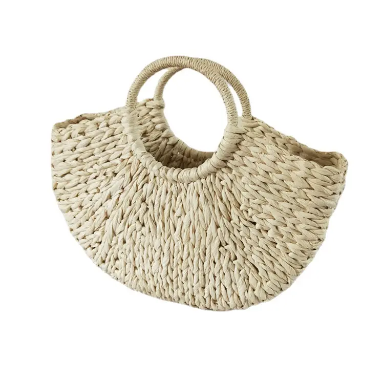 Atacado Mão-tecido Palha Grande Hobo Bag para Mulheres Round Handle Ring Toto Retro Summer Beach Straw Bag