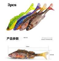 Lot de 3 leurres souples 3D réalistes de 120 mm et 15 g pour la pêche en eau salée, leurres nageurs à queue de pagaie pour montage Texas, appâts coulants pour le black-bass