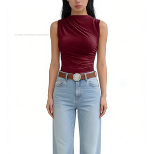 Women's Sleeveless Asymmetric Pleated Ruched <b>Mock</b> <b>Neck</b> <b>Top</b> - Satin-Fit Casual Shirt <b>Top</b> Vest Fashion - Product Image 1