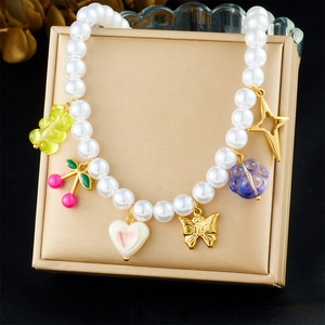 Cute Cartoon Pearl Necklace With Gold Plated Cherry Butterfly Pendant Everyday Wear Jewelry - Product Image 1