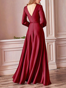 Formele Lange Gown Diepe V-hals Slit Lange Mouwen Hoge Taille Plain Satin Maxi Avondjurken - Product Image 4