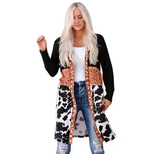 Großhandels preis Vintage Western Cowgirl Kuh gedruckt Patchwork Open Front Midi Long Cardigan Frauen