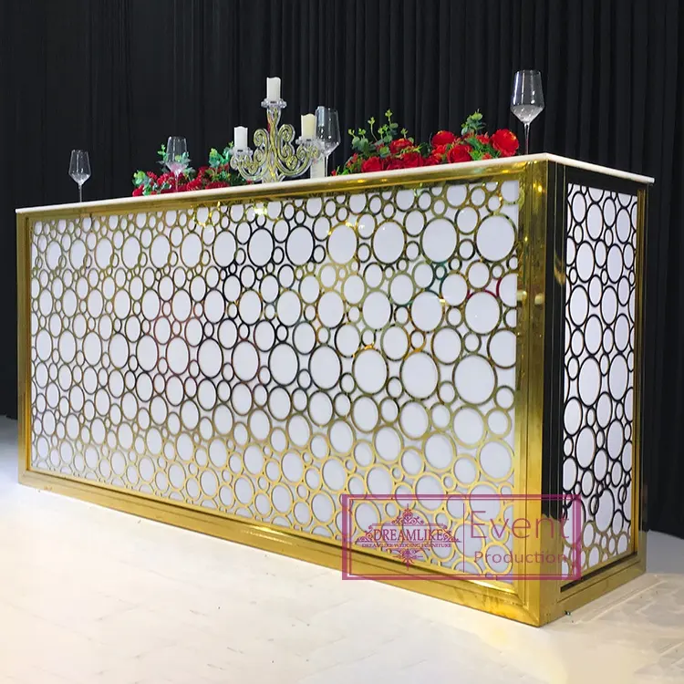 Muebles para club de bodas, marco de metal dorado rectangular, luz acrílica blanca, barra móvil, mostrador, mesa, barras led para cócteles