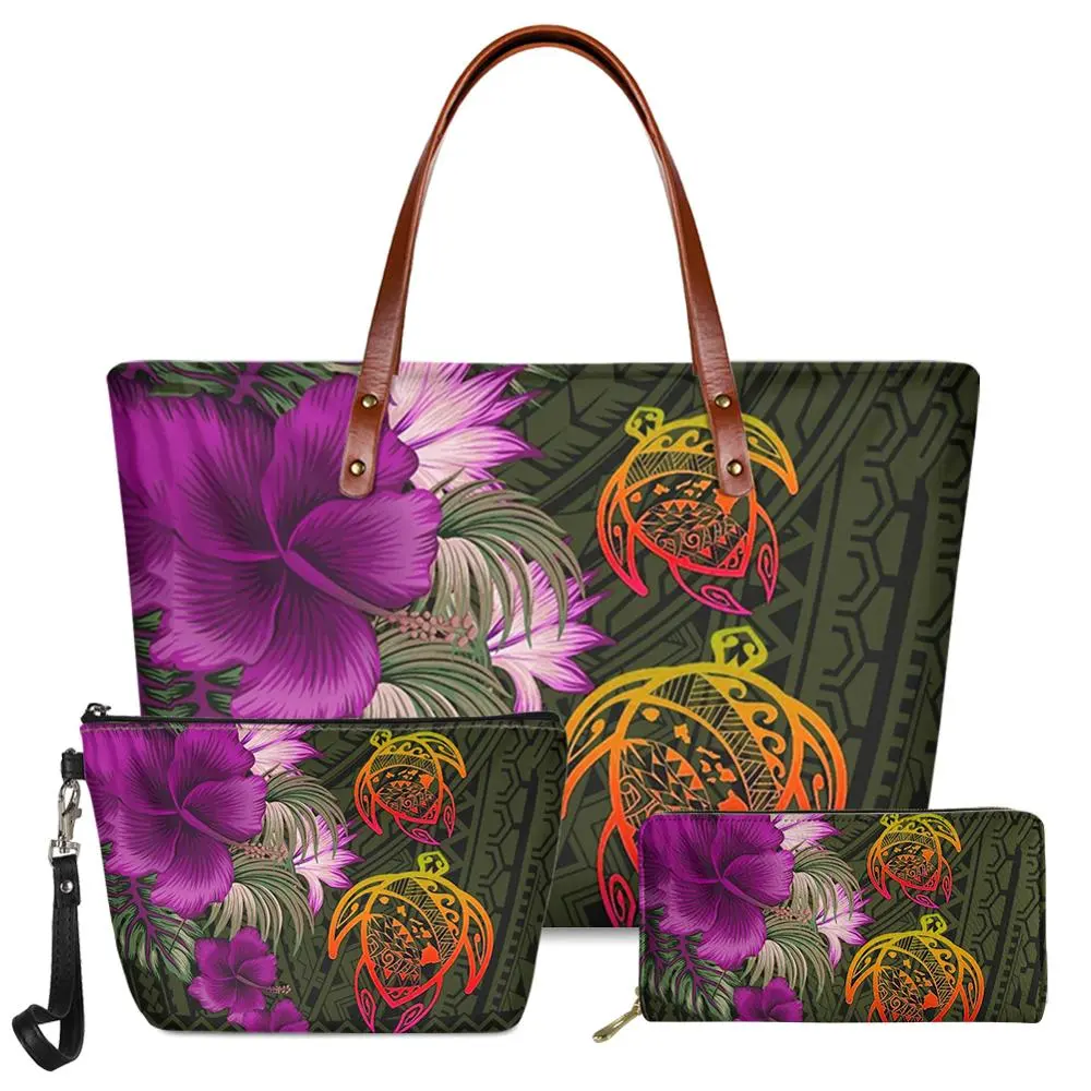 3pcs Set Hawaiian Polynesian Tribal Turtle Floral Purses And Handbags Shoulder Bags For Women Handbags Customized Designer Purse