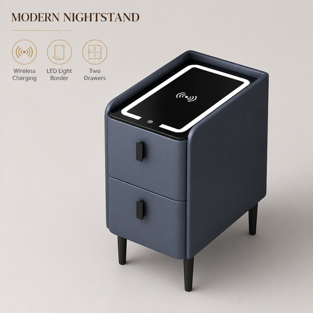 Modern Smart Slate Blue Nightstand with Wireless Charging and LED Light for Hotel Bedroom Apartment Bedside Table