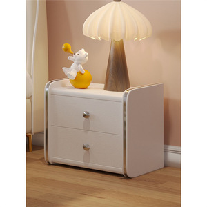 Denlais Nightstand <b>Cream</b> Solid Wood 2 Drawers Modern <b>Bedside</b> <b>Table</b> With Wheels - Product Image 3