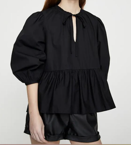 Vietnam Manufacturer Women's Black Poplin Blouse With <b>Balloon</b> Sleeves Slash Neck Bow Detail Loose Fit Modern Romantic Style - Product Image 3