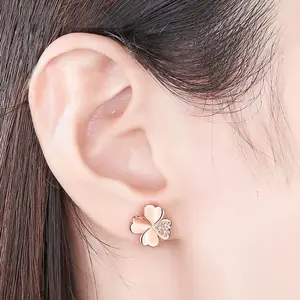 925 Sterling Silver Stud Earrings Silver Rose Gold Lucky Four Leaf Clover Heart Shiny Infinity Stud Earrings Fine Jewelry Women