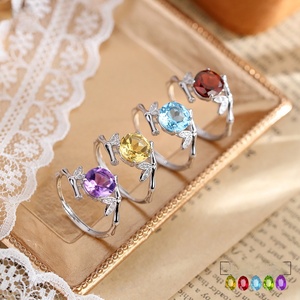 8 Dainty 925 Silver Adjustable Bamboo <b>Finger</b> <b>Rings</b> with 8mm Round Cut Natural Stone High Quality Crystal Casual Jewelry Women - Product Image 2