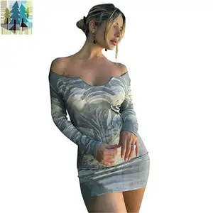 2024 New Arrival Ribbed Dress Long Sleeve Printed Mini Bodycon Nye High Quality Wrap Tight Dress For Women