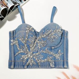 BR416 2021 nouveauté vêtements d'extérieur pour filles chaudes perles décorées Denim Crop <span class=keywords><strong>Bustier</strong></span> Jean hauts pour femmes - Product Image 1