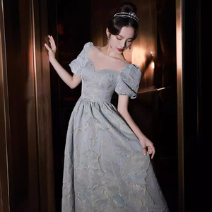 Evening Gown Female Sweetheart Neckline Empire Waist Blue Gray Long Dress Party Performance Banquet Elegant Host Spring Fashion - Product Image 2