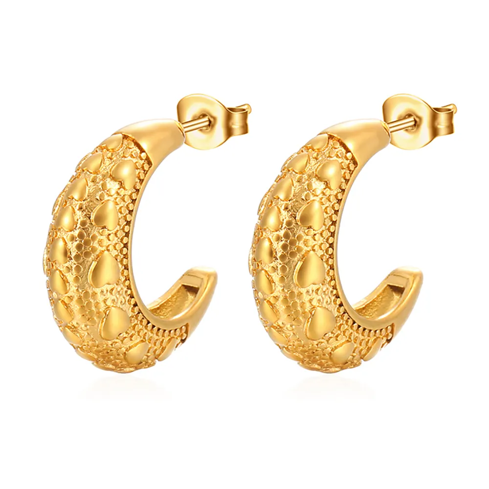 Mode Vintage Herzmuster C-Form Ohrringe Damen 18K Gold Plattiert Edelstahl-Ohrringe Schmuck