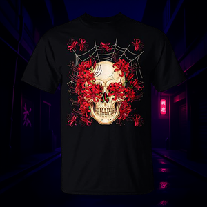 Camiseta con diseño de calavera de araña roja, diseño de anime japonés Otaku, cuello redondo negro - Product Image 3